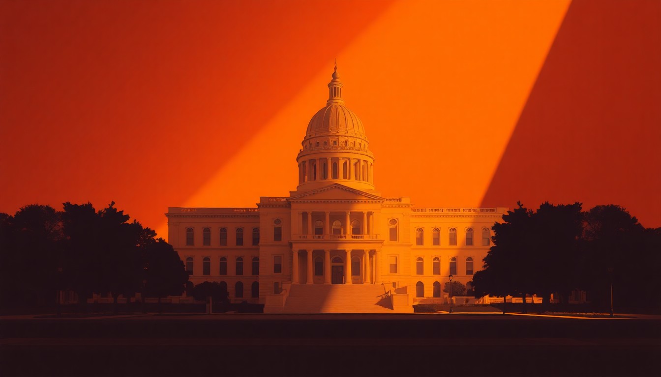 A quiet, cinematic painting of the California state capitol building, its grand architecture and columns bathed in warm, diagonal sunlight and deep shadows, conveying a sense of solitude and political uncertainty.
