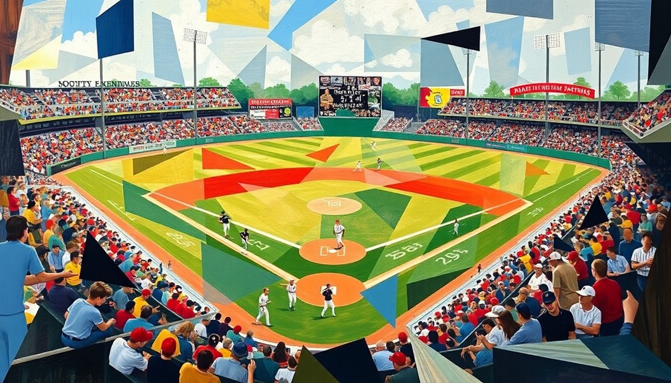 A fractured, geometric painting depicting a high school baseball game, with players, field, and crowd broken down into sharp, overlapping shapes and planes of color, capturing the dynamic energy of the sport.