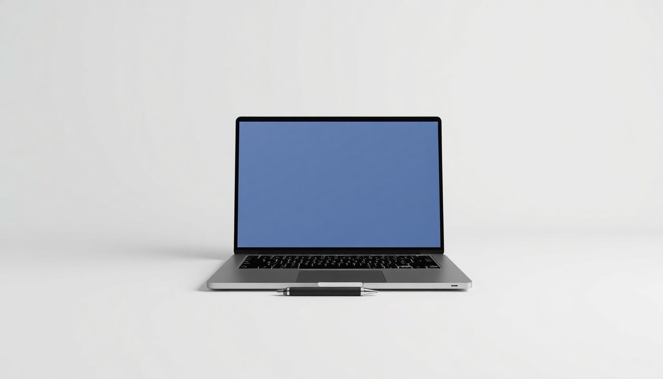 A minimalist, photorealistic studio still life featuring a sleek laptop computer and a simple pen, symbolizing the tools of the design trade against a clean, monochromatic background.