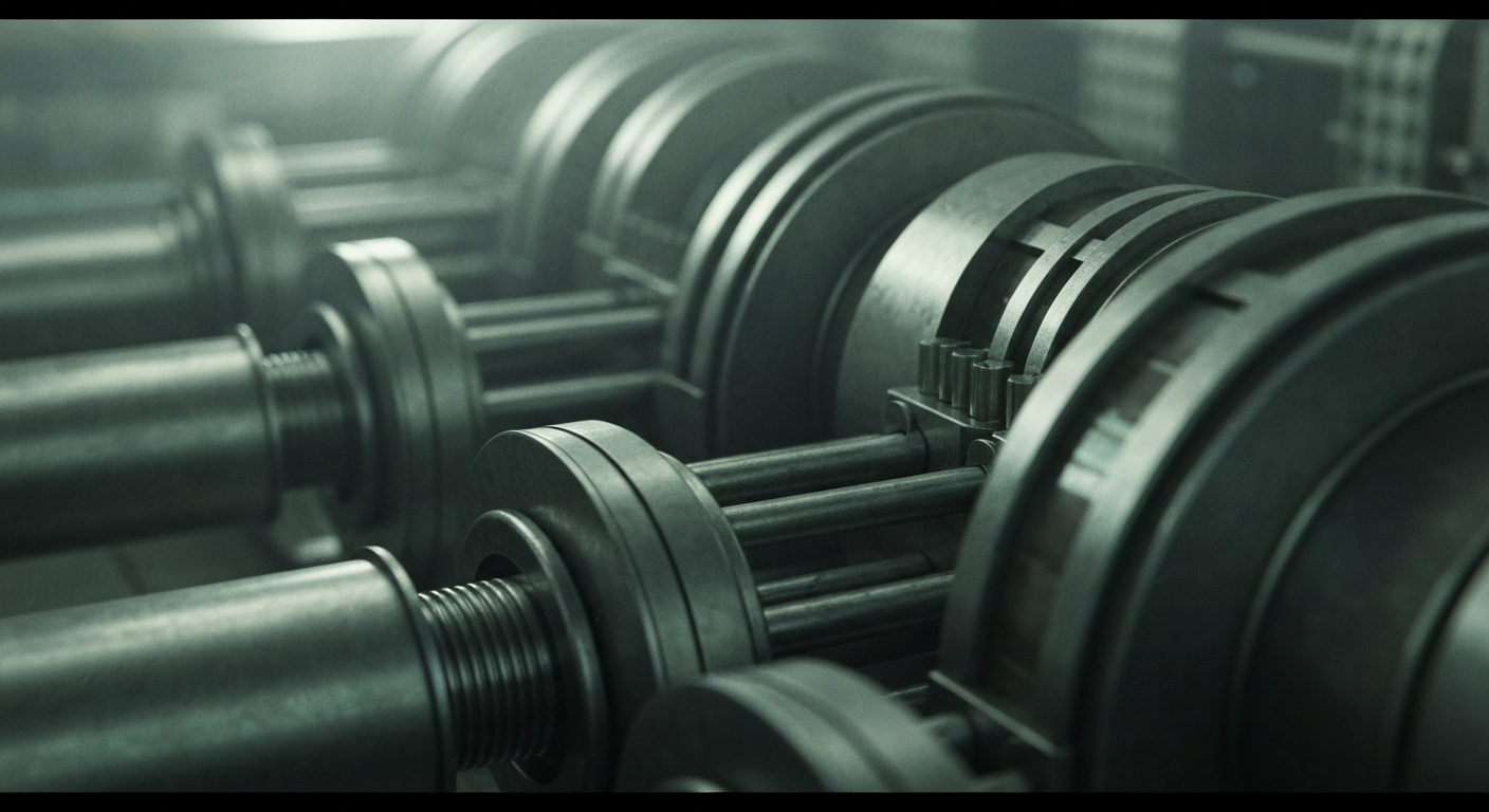 An extreme close-up of a complex array of gears, levers, and mechanical components in muted greys and blues, conceptually representing the intricate financial challenges facing Astrotech Corporation.