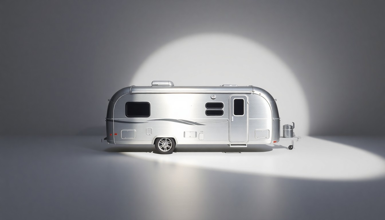 A highly reflective, minimalist studio photograph of a sleek, geometric aluminum model of an RV trailer, set against a plain white background and dramatically lit to symbolize the strategic shifts happening at the company.