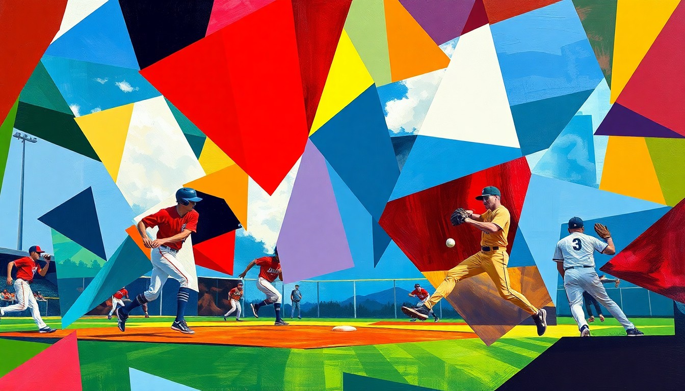 A fragmented, geometric painting depicting the dynamic movements and energy of a high school baseball game, with the players and field deconstructed into sharp, overlapping shapes in the team's colors.