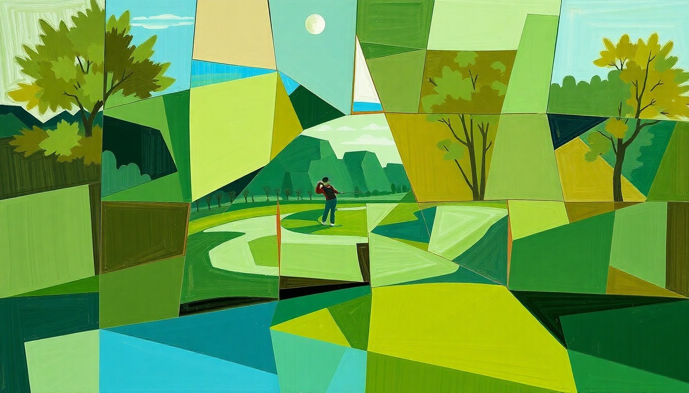A fragmented, geometric painting depicting the overlapping perspectives and dynamic motion of a girls golf tournament, rendered in earthy tones of green, brown, and blue.