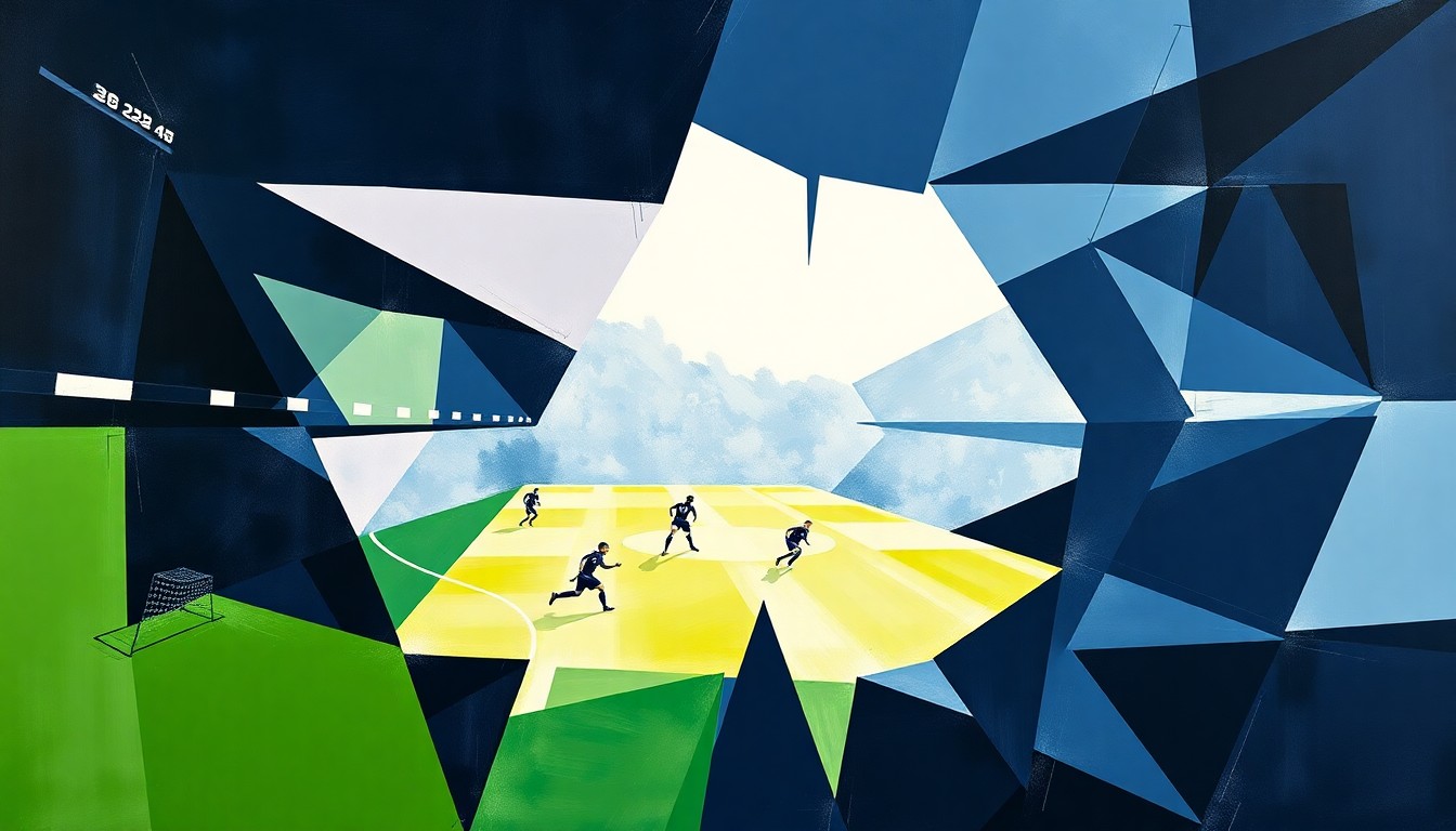 A cubist, geometric painting depicting a fragmented soccer match or competition, with sharp, overlapping planes of navy blue and white colors representing the Tottenham Hotspur team and their current state of disarray.