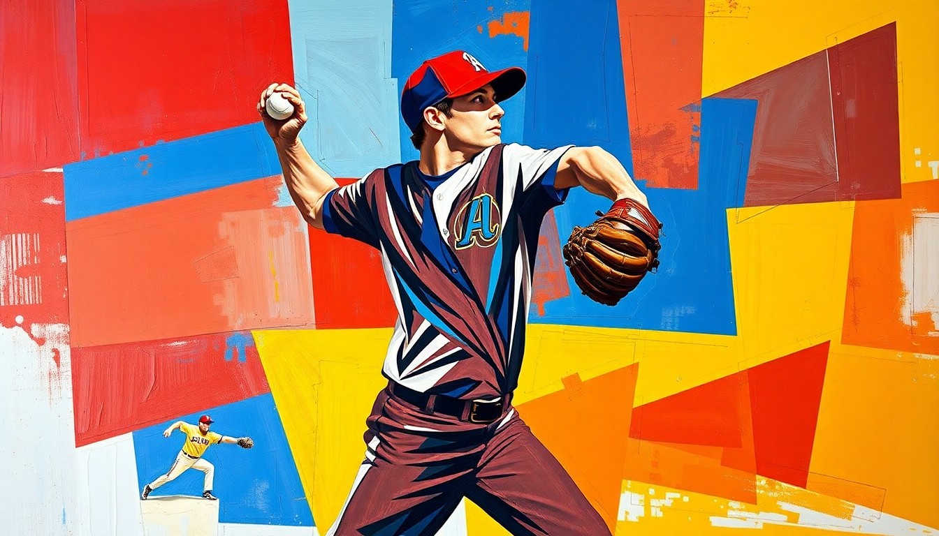 A cubist-style painting depicting a baseball pitcher's windup and delivery broken down into sharp, overlapping geometric shapes in vibrant colors, conveying the complex dynamics of a team's bullpen.
