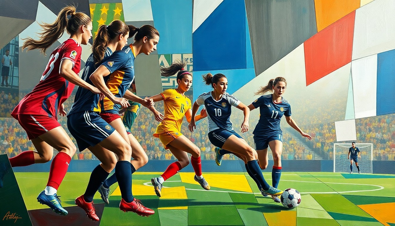 A fractured, geometric painting depicting the tense moment of a women's soccer match, with the players' forms broken down into abstract shapes and angles, capturing the intensity and drama of the incident.