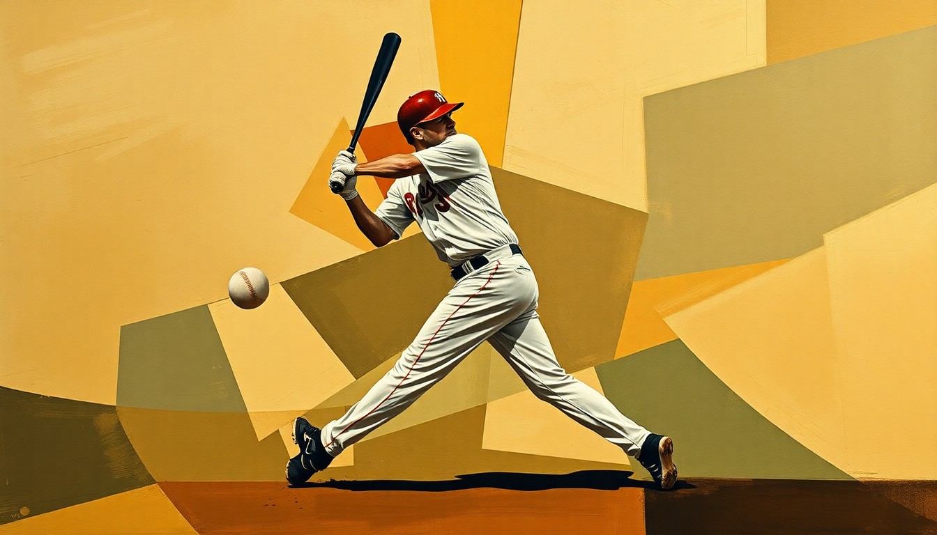 A fractured, geometric painting depicting the motion of a baseball player, rendered in muted earth tones, conveying the tragic nature of athletic careers derailed by injury.