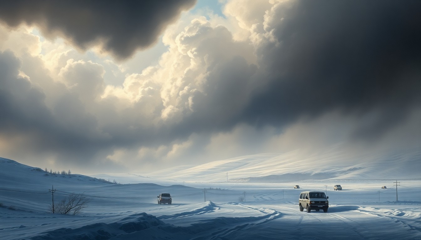 A sweeping, atmospheric landscape painting in muted tones of gray, blue, and white, depicting a massive winter storm system dominating the frame and dwarfing any visible structures or objects, conveying the overwhelming scale and sublime force of the natural world.