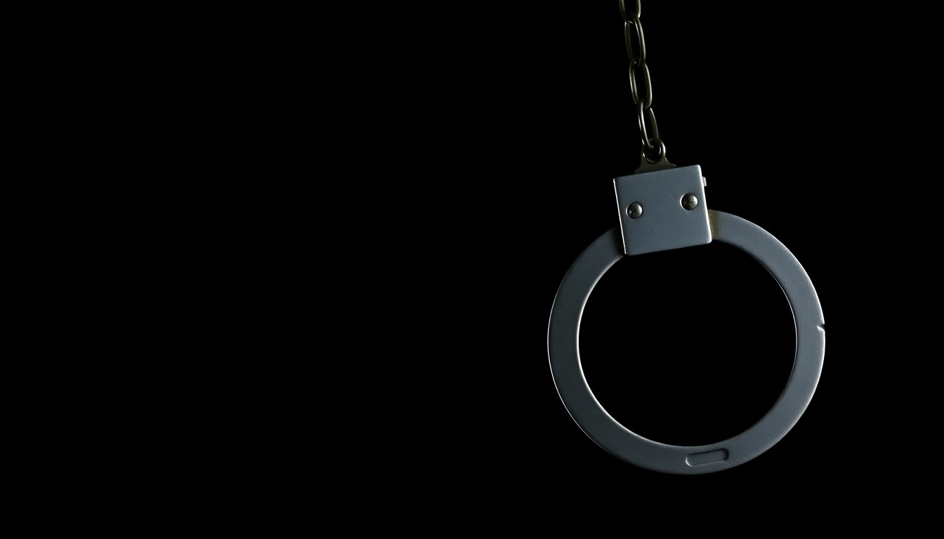 An extreme close-up of a pair of metal handcuffs against a completely dark background, the harsh lighting creating dramatic shadows and textures to convey a serious, investigative mood without words.
