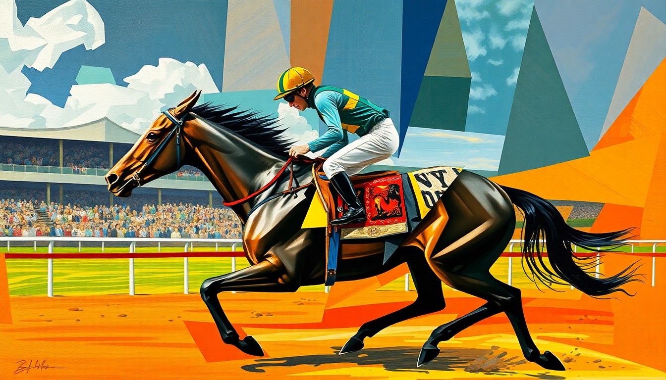 A fractured, multi-perspective painting in bold, geometric shapes and planes of color, depicting the abstract forms of a racehorse and jockey in motion, with the racetrack and spectators in the background also fragmented and abstracted.