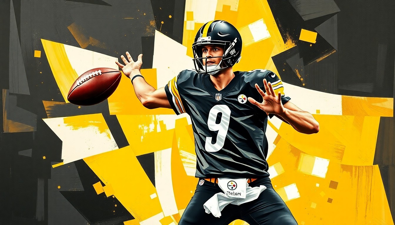 A fractured, cubist-style painting depicting the throwing motion of a quarterback, broken down into sharp, overlapping geometric shapes in the Steelers' official colors of black, gold, and white, conceptually representing the strategic complexity of the team's quarterback decision in the upcoming draft.