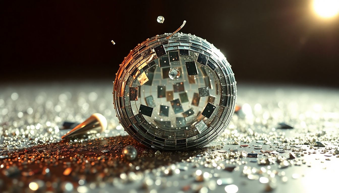 An extreme close-up of shimmering, textured sequins and shards of reflective glass, creating a high-contrast, abstract visual metaphor for the grandeur and spectacle of the Ramayana film adaptation.