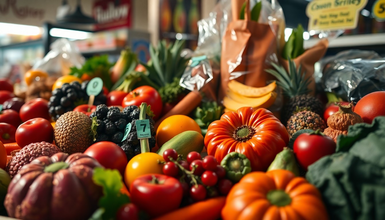 An extreme close-up of a variety of colorful, textured organic produce and artisanal grocery items, such as fresh herbs, ripe tomatoes, and handcrafted jars, captured in dramatic, high-contrast studio lighting to convey the celebratory energy of Rainbow Grocery's 50th anniversary.