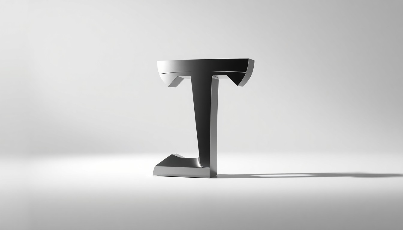 A photorealistic studio still-life photograph featuring a polished, metallic sculpture in the shape of the Tesla logo, floating on a clean, monochromatic grey background and dramatically lit to symbolize the abstract corporate strategy and financial risks behind Elon Musk's ambitious compensation deal.