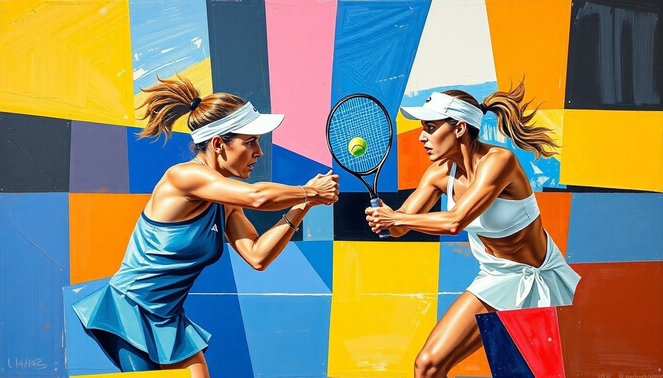 A cubist-style painting depicting a tennis match, with the players and court broken down into sharp, geometric shapes and planes of color, capturing the dynamic energy and tension of the game.