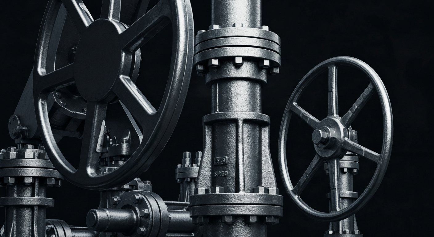An extreme close-up of a polished, industrial oil and gas valve or pump mechanism, representing the financial security and stored wealth of the energy sector.