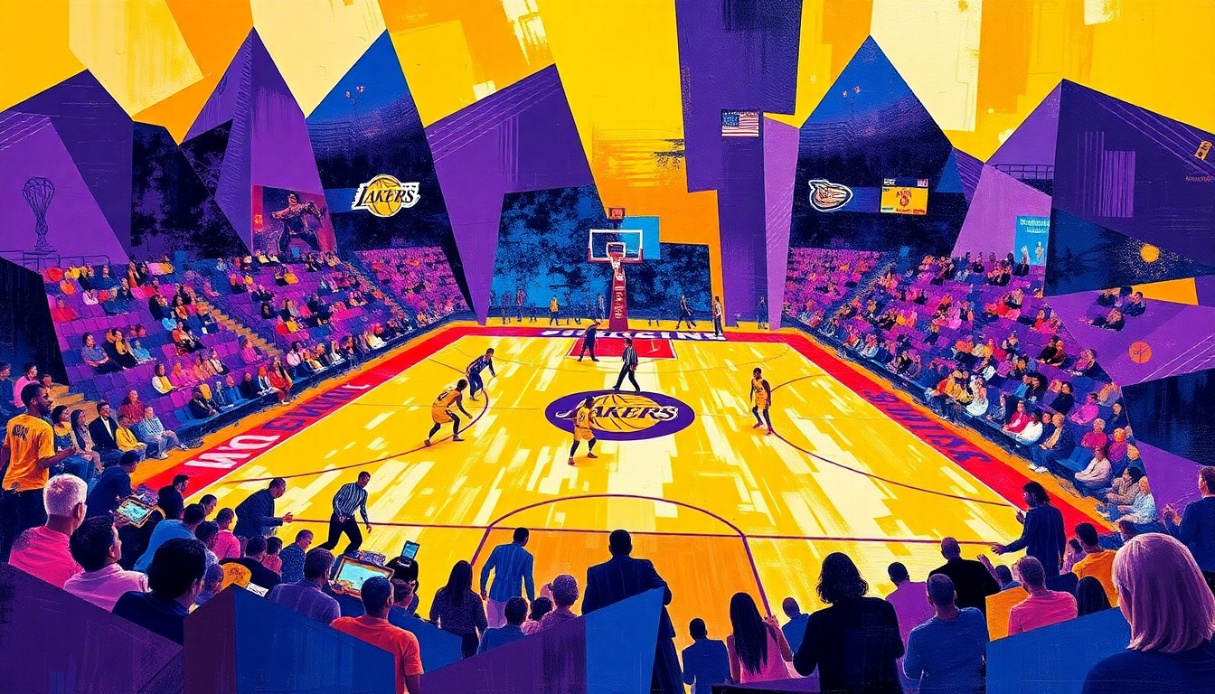 A cubist-style painting depicting a basketball game, with the court and players broken down into sharp, overlapping geometric shapes in shades of purple, gold, and blue, capturing the dynamic energy and tension of the game.