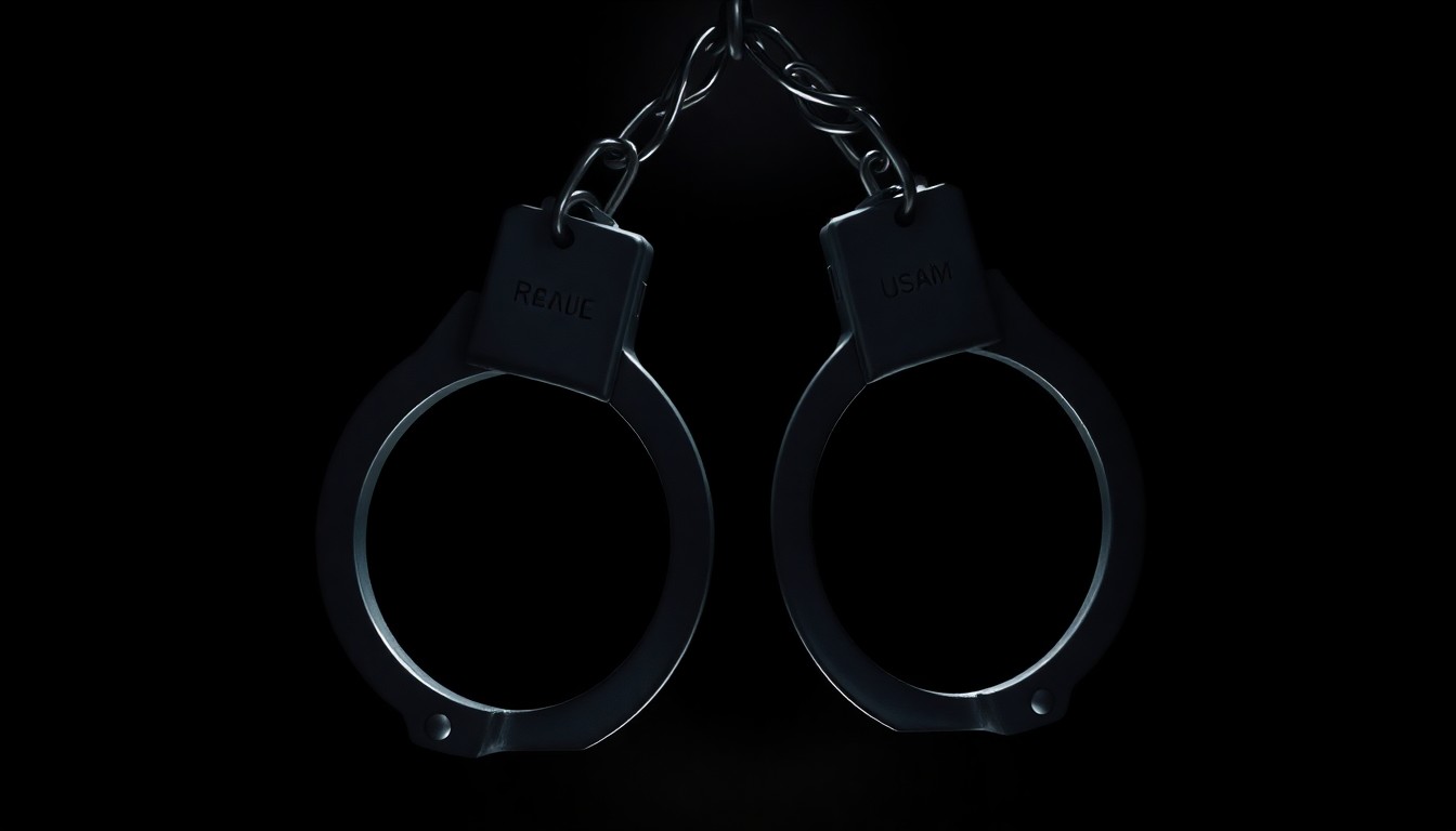 An extreme close-up photograph of a pair of handcuffs against a pitch-black background, lit by a harsh, direct camera flash, conceptually representing the weight of the criminal justice system and the personal toll of a long incarceration.