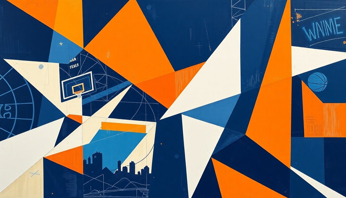 A cubist-style painting depicting a WNBA basketball game broken down into overlapping geometric shapes in navy blue, orange, and white, conveying the dynamic energy and competitive spirit of the Liberty's 2026 season.