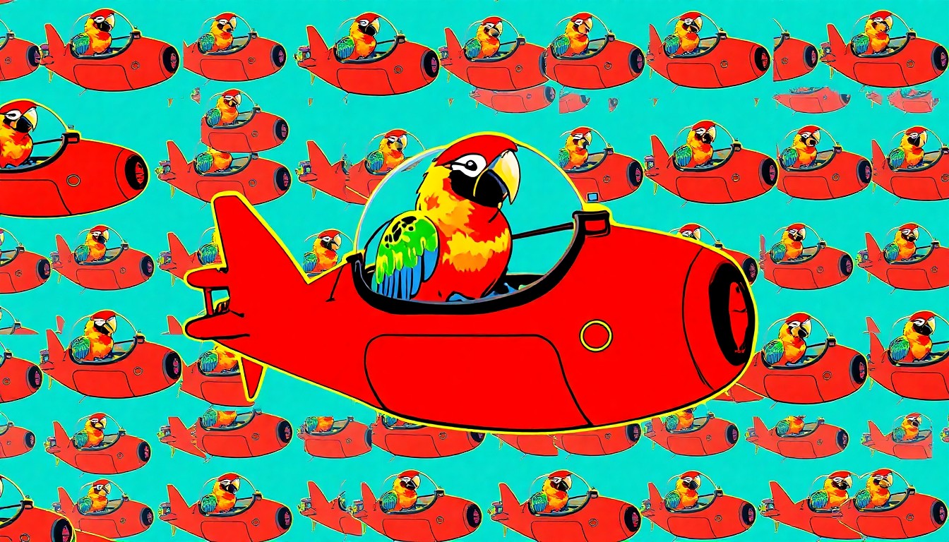 A brightly colored, high-contrast silkscreen print of a single, iconic image of a parrot in a custom-built underwater submarine, repeated in a tight grid pattern, conceptually representing the unusual pet activity and the debate it has sparked.