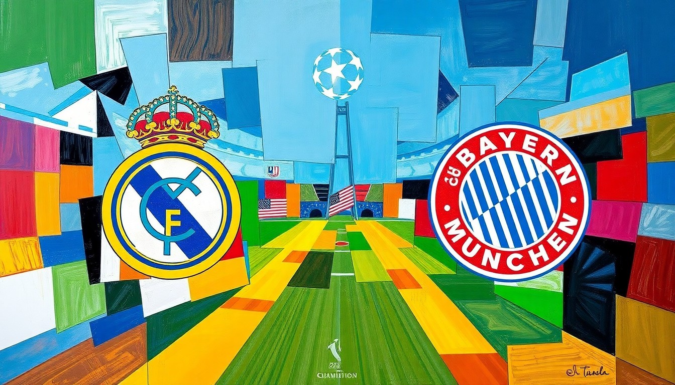 A fractured, multi-perspective painting in the style of Pablo Picasso, breaking a Champions League quarter-final match between two soccer teams down into sharp, overlapping geometric planes of vibrant colors.