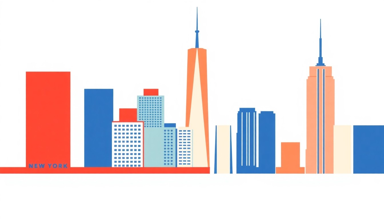 A geometric abstract illustration using bold shapes and primary colors to conceptually represent the economic challenges facing New York City.