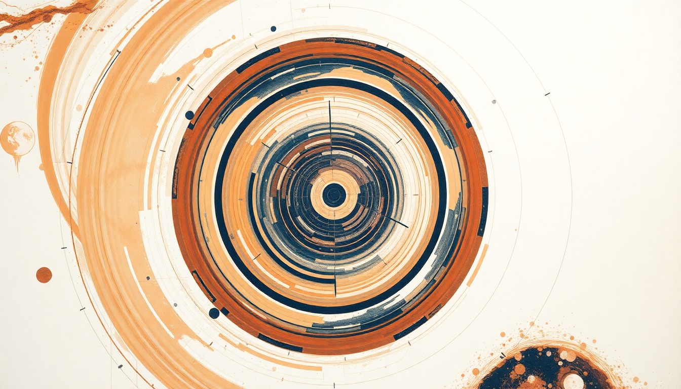 A highly structured abstract painting in muted earth tones, featuring sweeping geometric arcs, concentric planetary circles, and precise botanical spirals, conveying the complex forces and concepts behind NASA's Artemis program and the future of human space exploration.