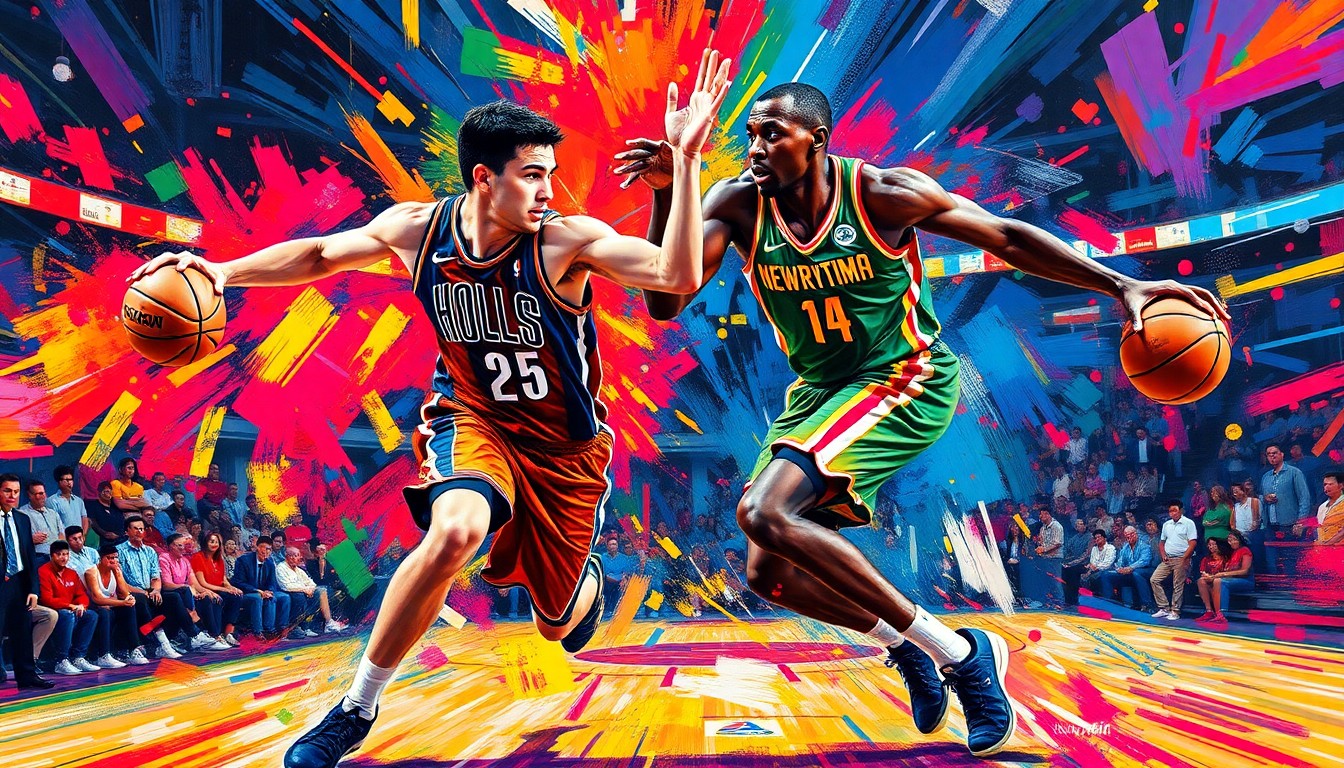 An abstract, energetic painting featuring bold, neon-colored brushstrokes that capture the intense movements and competitive spirit of two basketball players engaged in an intense on-court battle, conceptually representing the thrilling showdown between Nikola Jokic and Victor Wembanyama.