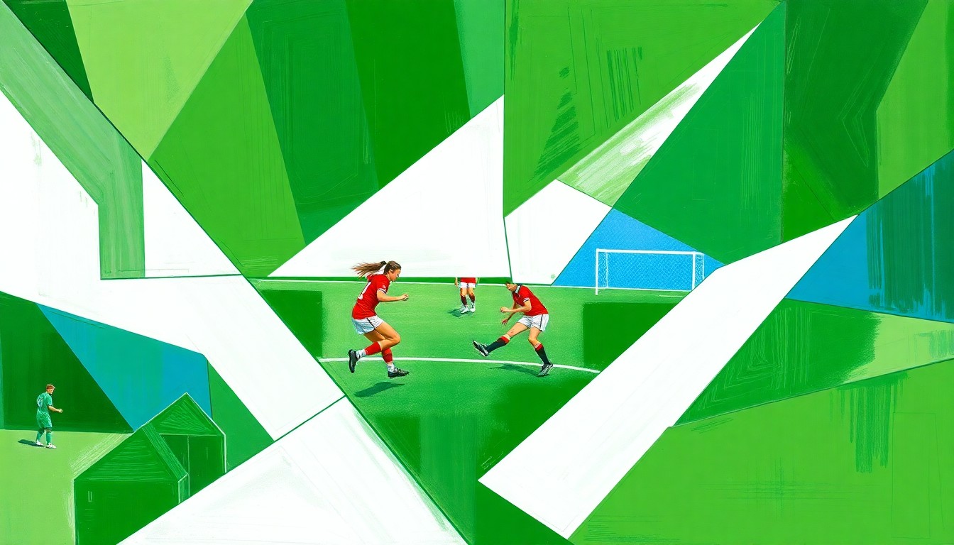 A dynamic, geometric painting in shades of green, white, and blue, capturing the energy and movement of a high school girls soccer match through an abstract, multi-perspective style.