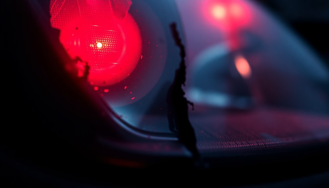 An extreme close-up photograph of a damaged car sensor lens reflecting a faint red light, conveying the aftermath of a vehicular accident in a stark, gritty manner.
