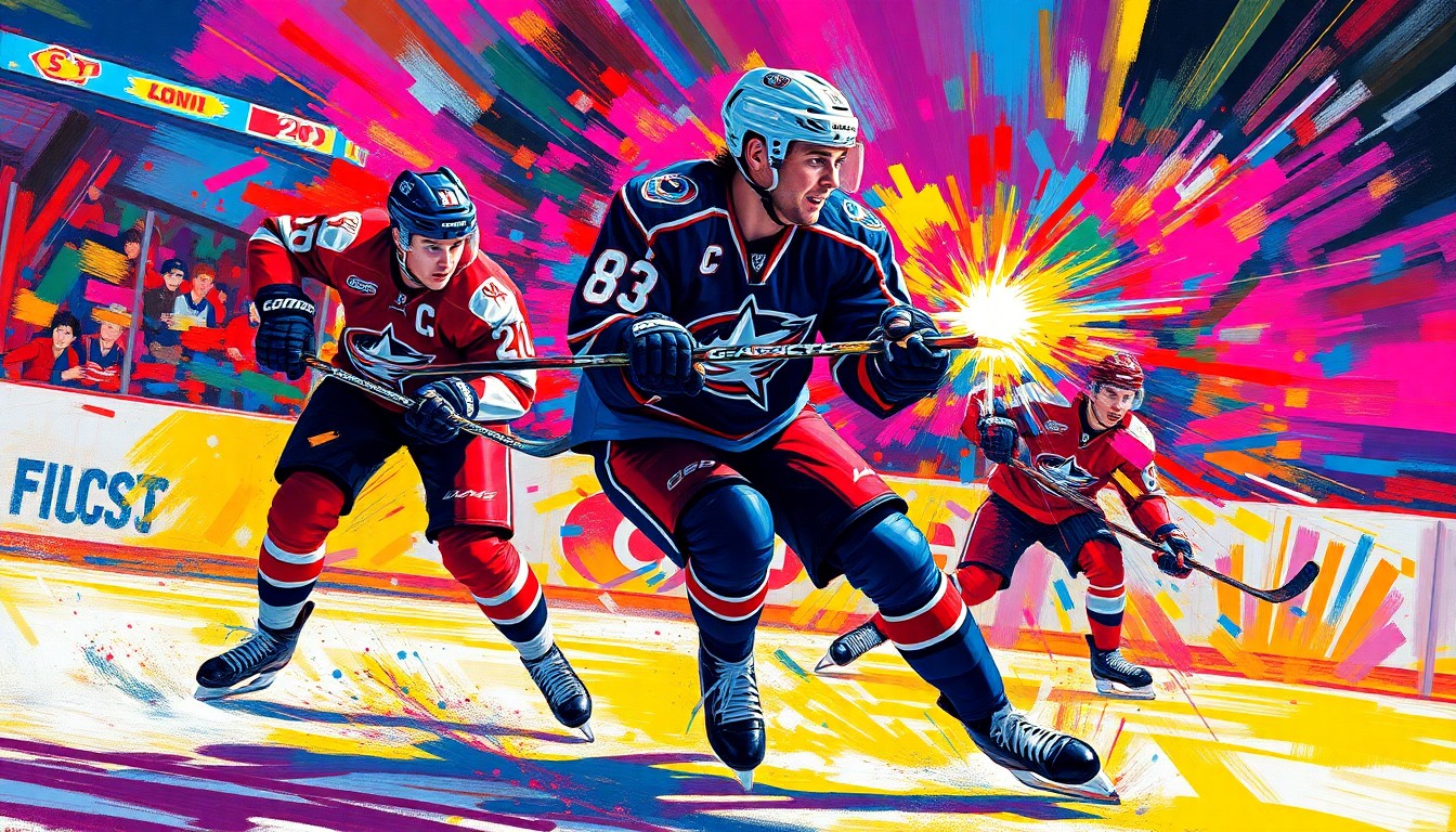 An extreme close-up of Conor Garland, the Columbus Blue Jackets forward, breaking away from defenders and firing a shot on goal, with the scene rendered in a vibrant, expressionist painting style using rapid brushstrokes and neon colors to capture the raw athletic energy of the moment.