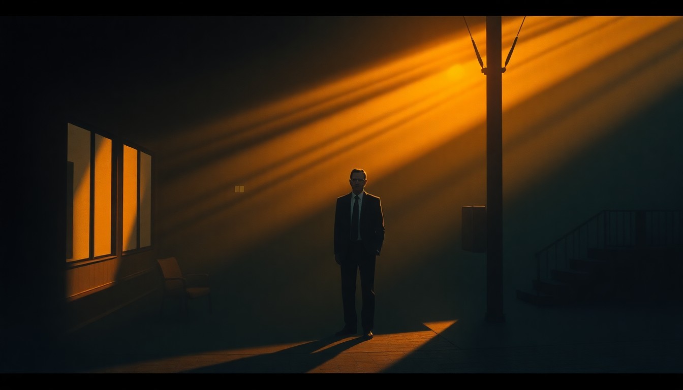 A cinematic painting of a solitary political figure in a dimly lit, urban setting, bathed in warm, diagonal sunlight and deep shadows, conceptually representing the behind-the-scenes maneuvering of a seasoned political operative.