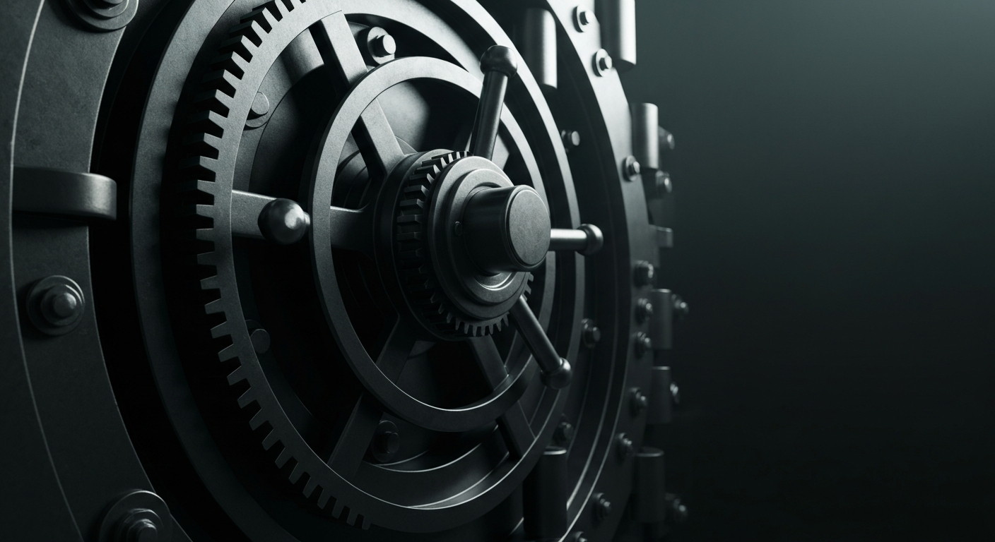 An extreme close-up of the heavy, industrial gears and mechanisms of a large bank vault door, dramatically lit to convey the tangible, secure nature of institutional finance.