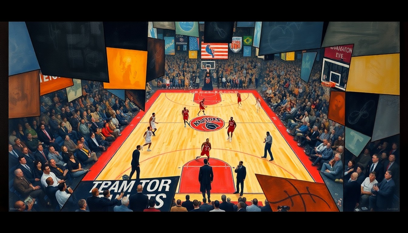 A cubist, geometric painting depicting a basketball game between the Toronto Raptors and New York Knicks, with the players and court broken down into sharp, overlapping shapes and planes of color.