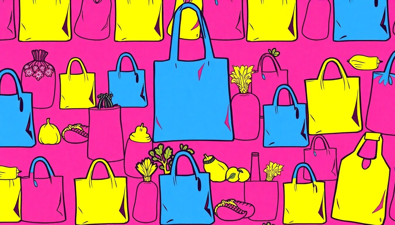 A brightly colored, high-contrast silkscreen print of various reusable grocery bags and organic produce items repeated in a tight grid pattern, conceptually representing the community-driven values and mission-driven retail of a long-standing natural foods cooperative.