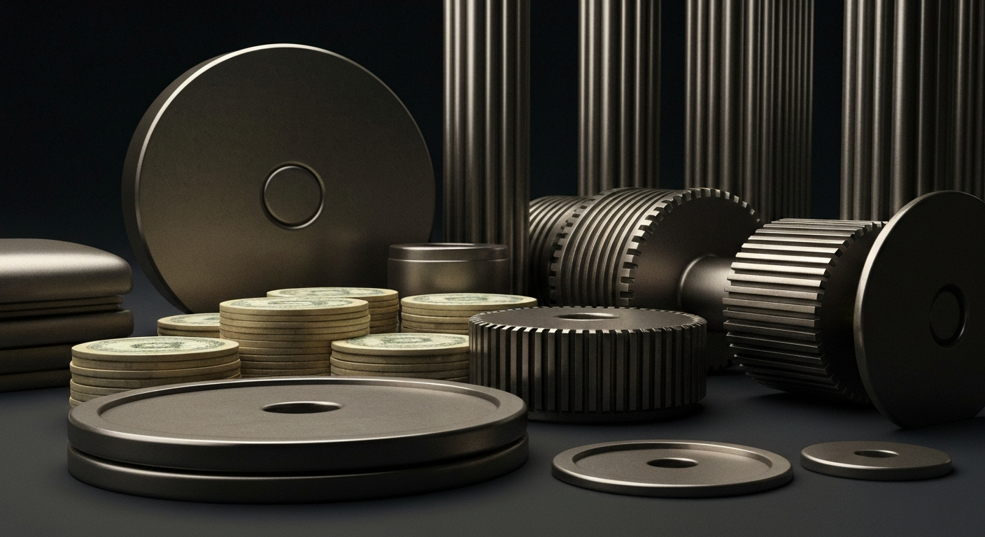 An extreme close-up of heavy, industrial banking machinery and objects, conveying a sense of financial security and institutional power without using literal currency or charts.