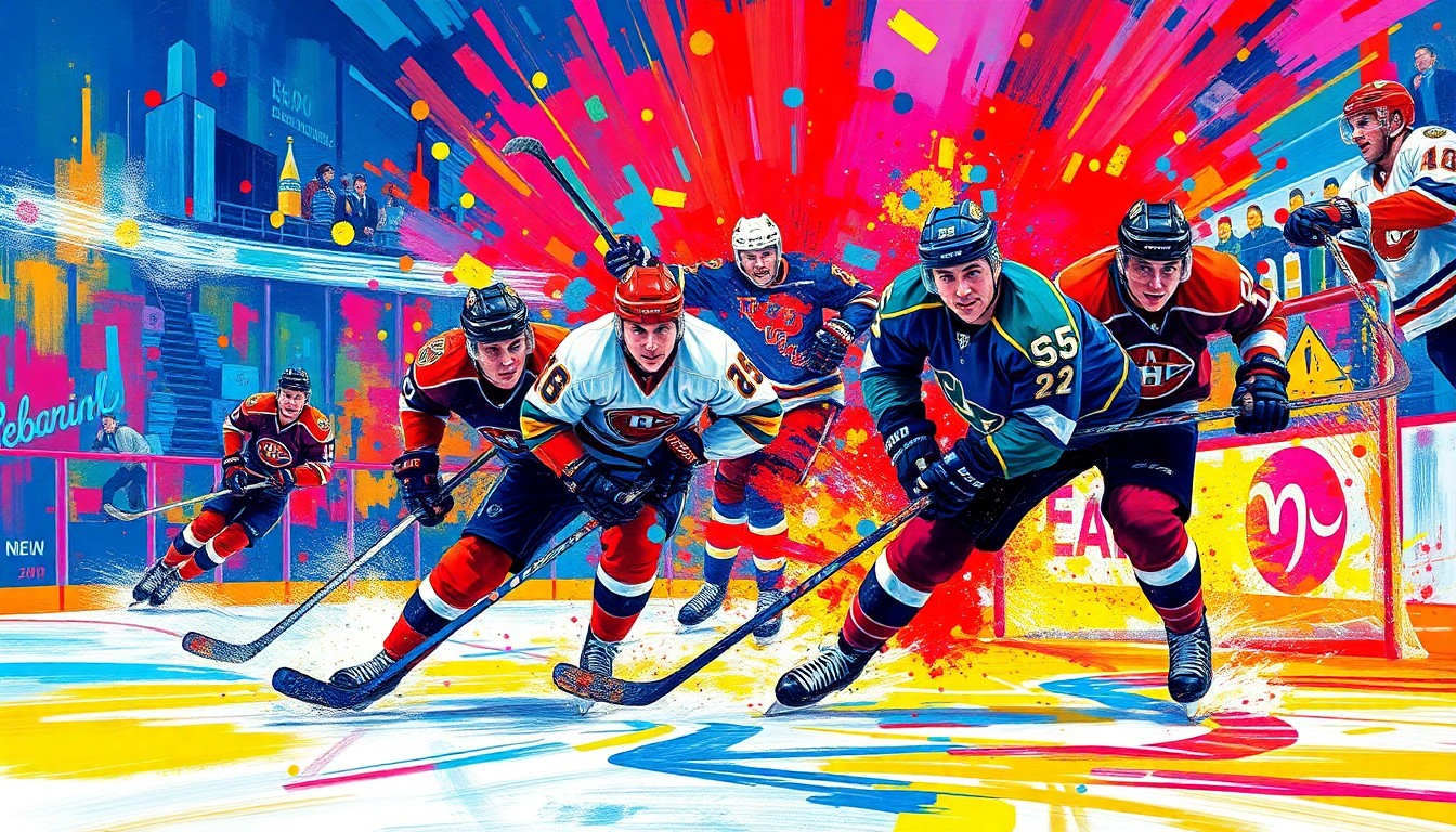 An abstract, energetic painting in vibrant neon colors, capturing the raw movement and scoring action of a hockey game, with players' forms dissolving into expressive brushstrokes.