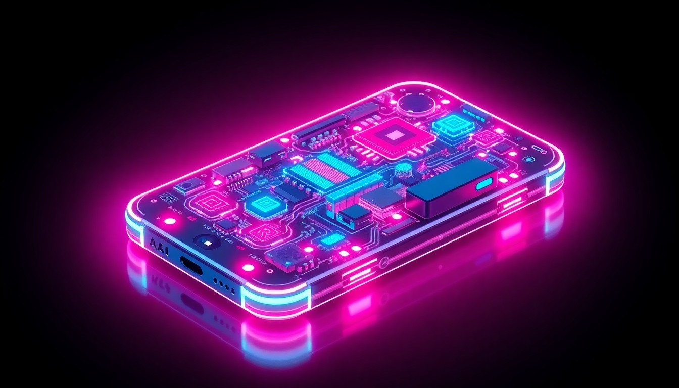 A highly detailed, glowing 3D illustration of a futuristic, illuminated smartphone device with intricate cybernetic components and circuits, surrounded by a halo of neon cyan and magenta lights, conceptually representing the integration of advanced AI technology in consumer electronics.
