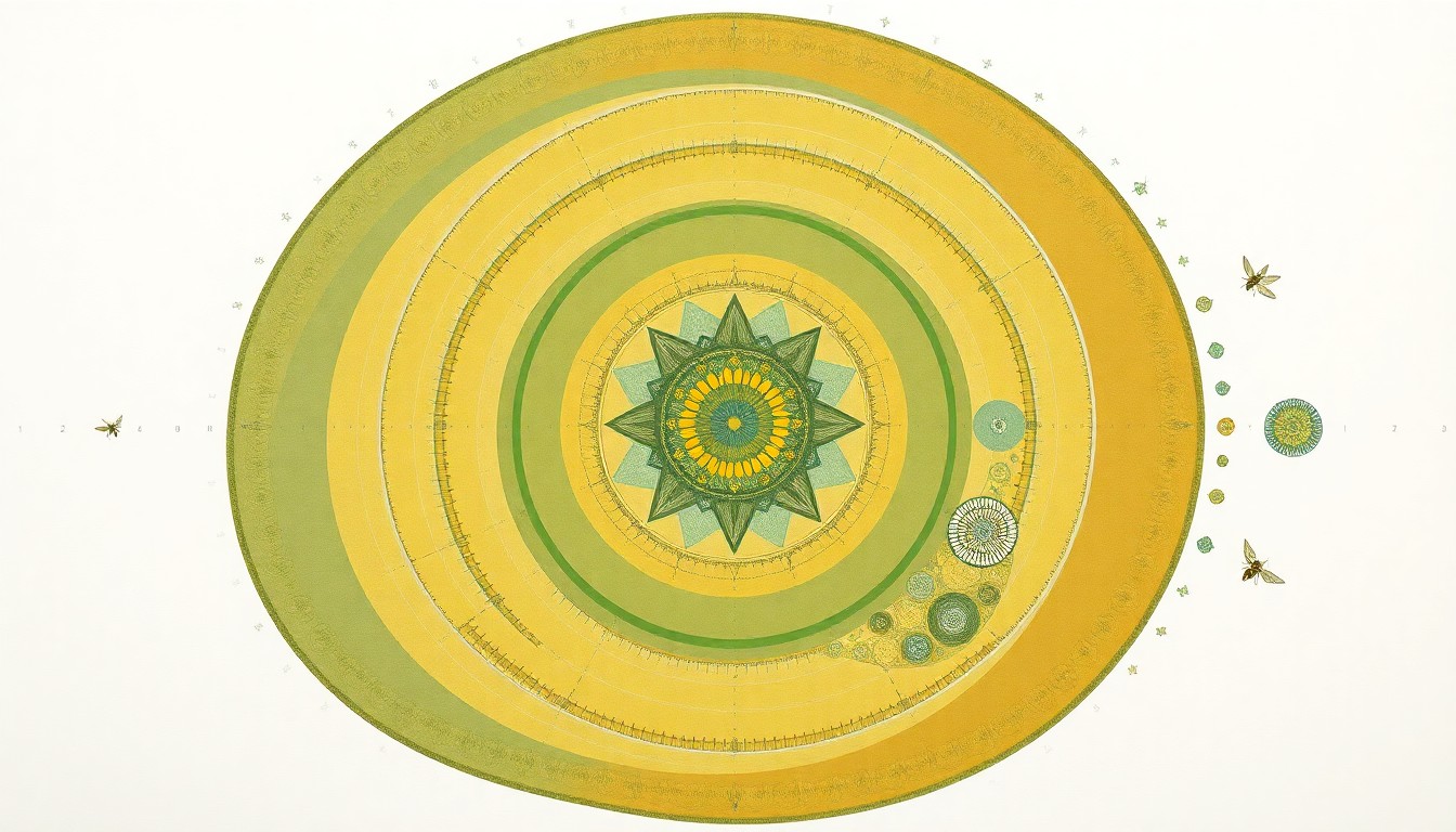 A highly structured abstract painting in soft, earthy tones of green, yellow, and blue, featuring sweeping geometric arcs, concentric circular patterns, and precise botanical spirals, conceptually representing the complex and interconnected ecosystem of a pollinator sanctuary.