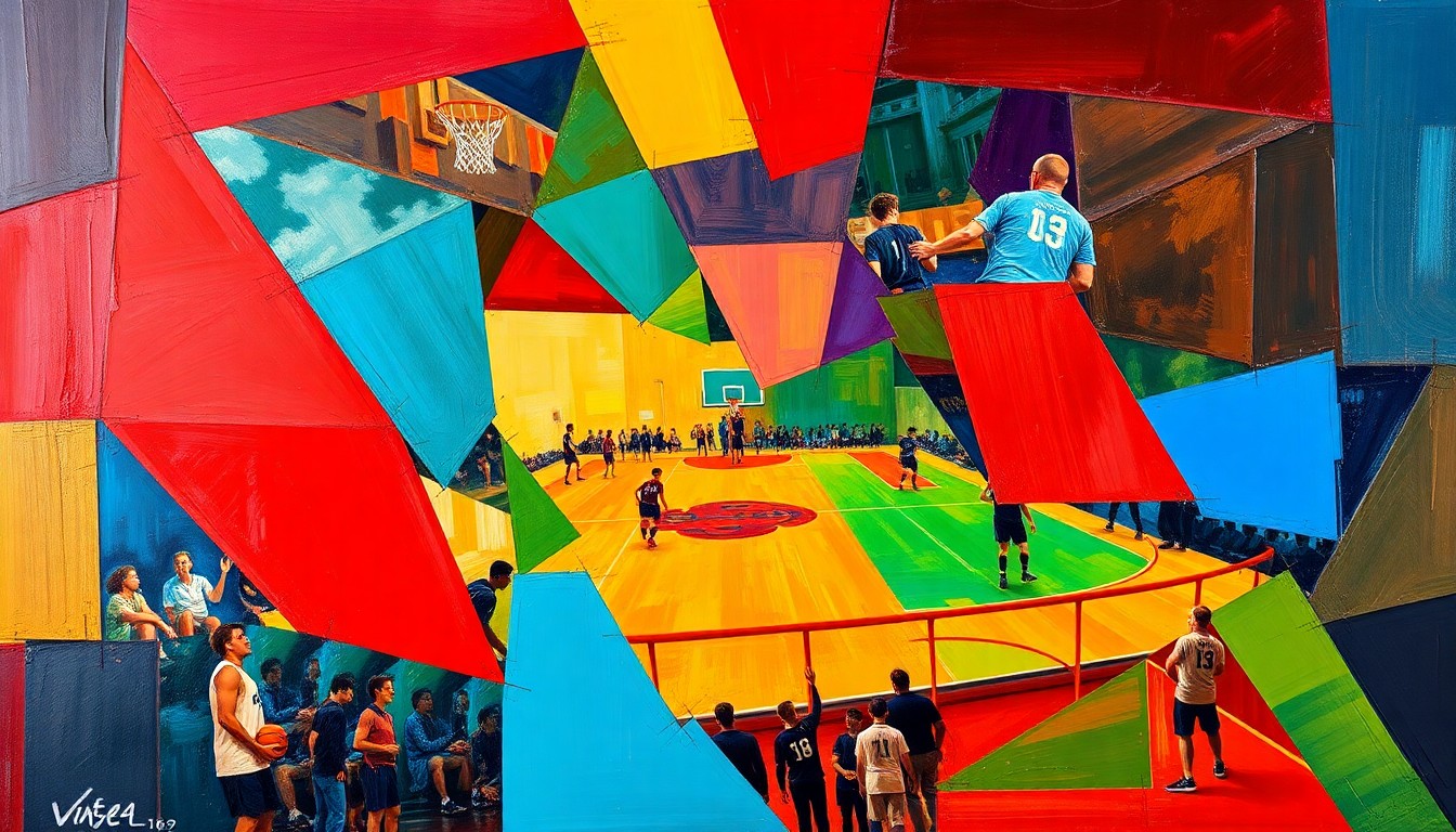 A fragmented, cubist-style painting depicting the action and energy of a high school sports event, with overlapping geometric shapes and planes in a bold color palette.