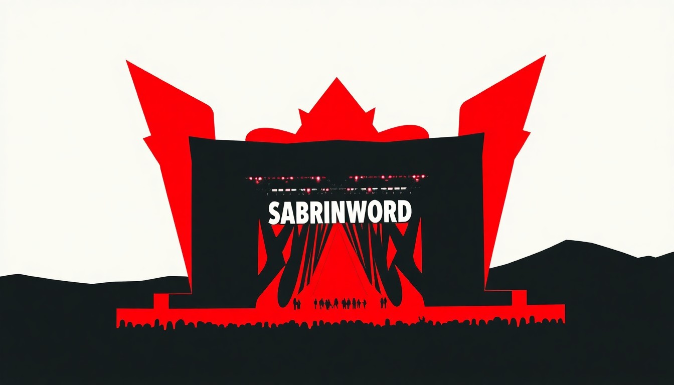 A bold, abstract illustration featuring stark, jagged geometric shapes in red, white, and black, representing the iconic 'SABRINAWOOD' stage design from Sabrina Carpenter's Coachella headline performance, capturing the energy and glamour of her set.