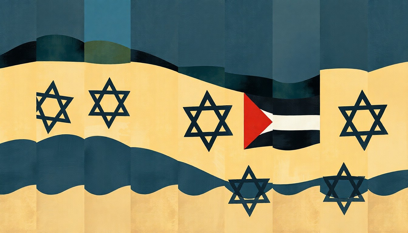 A fractured, abstract painting in muted earth tones and deep blues, depicting an overlapping, geometric representation of a political symbol related to the Israeli-Palestinian conflict, conveying a sense of tension and unresolved issues.