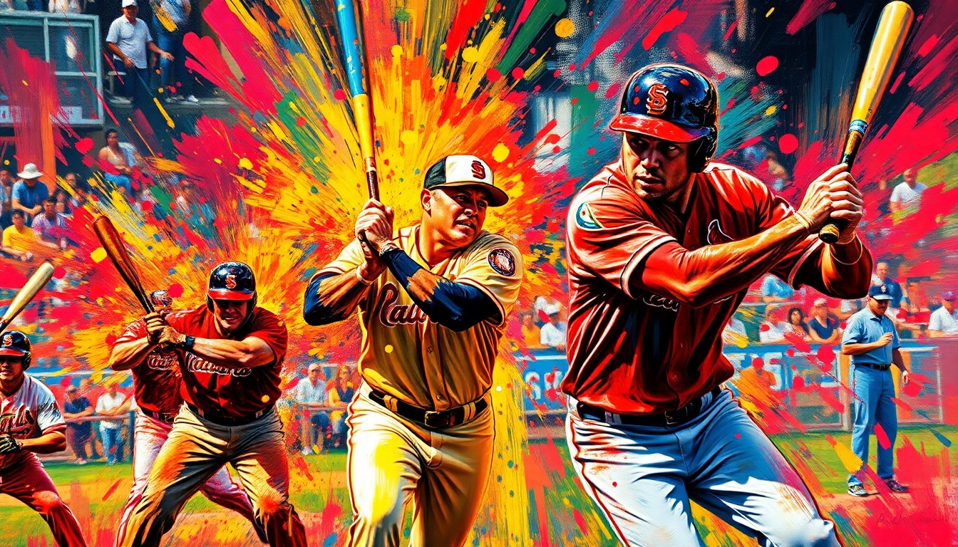 An abstract, expressionist painting in vibrant neon colors, with rapid brushstrokes capturing the dynamic motion and energy of a high-intensity baseball game, the players' forms dissolving into a blur of color and movement.