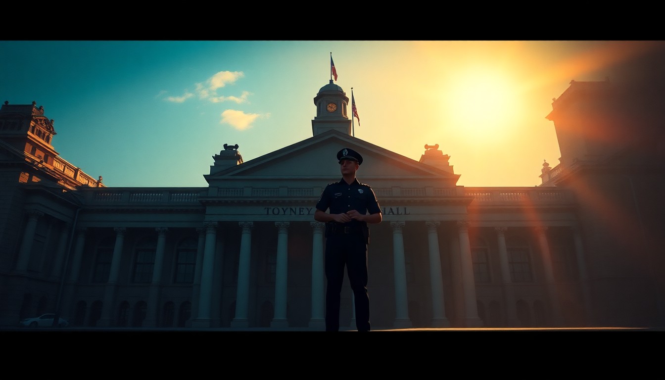 A serene, cinematic painting depicting a lone police officer standing guard outside the grand, historic facade of Sydney's Town Hall. The officer is bathed in warm, diagonal sunlight, casting deep shadows across the scene, creating a contemplative and melancholic mood that reflects the complex issues at the heart of the protest.