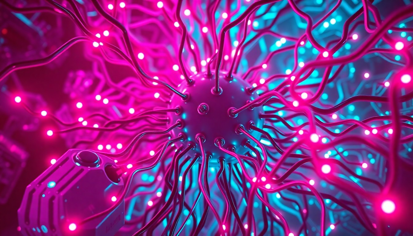 A visually striking 3D illustration depicting a complex, glowing AI neural network infrastructure, symbolizing the technological advancements and the potential disconnect between AI and human values.