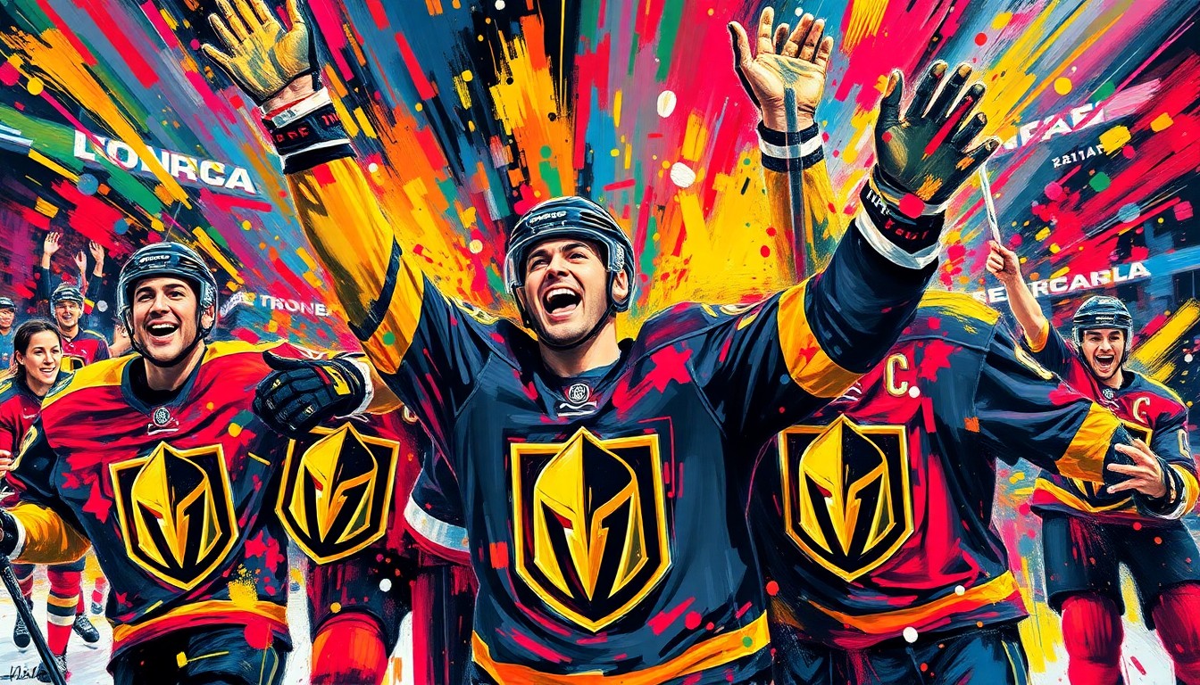 An explosive, expressionist painting in vibrant neon colors, capturing the raw energy and celebratory spirit of the Golden Knights' victory, with players' faces and jerseys dissolving into unrecognizable splatters of color.