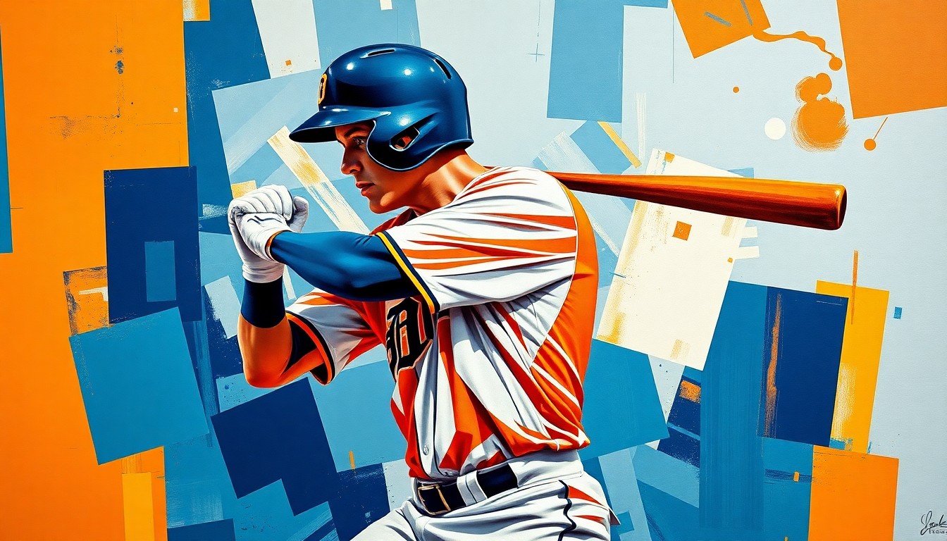 A fragmented, geometric painting depicting a baseball player's batting motion, with sharp planes of navy blue, orange, and white representing the Detroit Tigers' uniform colors. The abstract, multi-perspective style conveys the intensity and drama of a crucial at-bat.