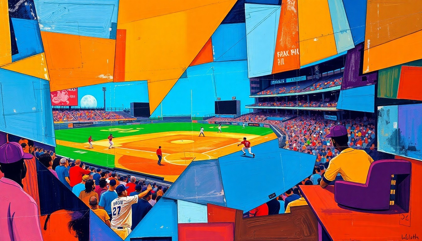 A cubist, geometric painting depicting a baseball player in motion, with overlapping planes of color and shape representing the dynamic action of the game.