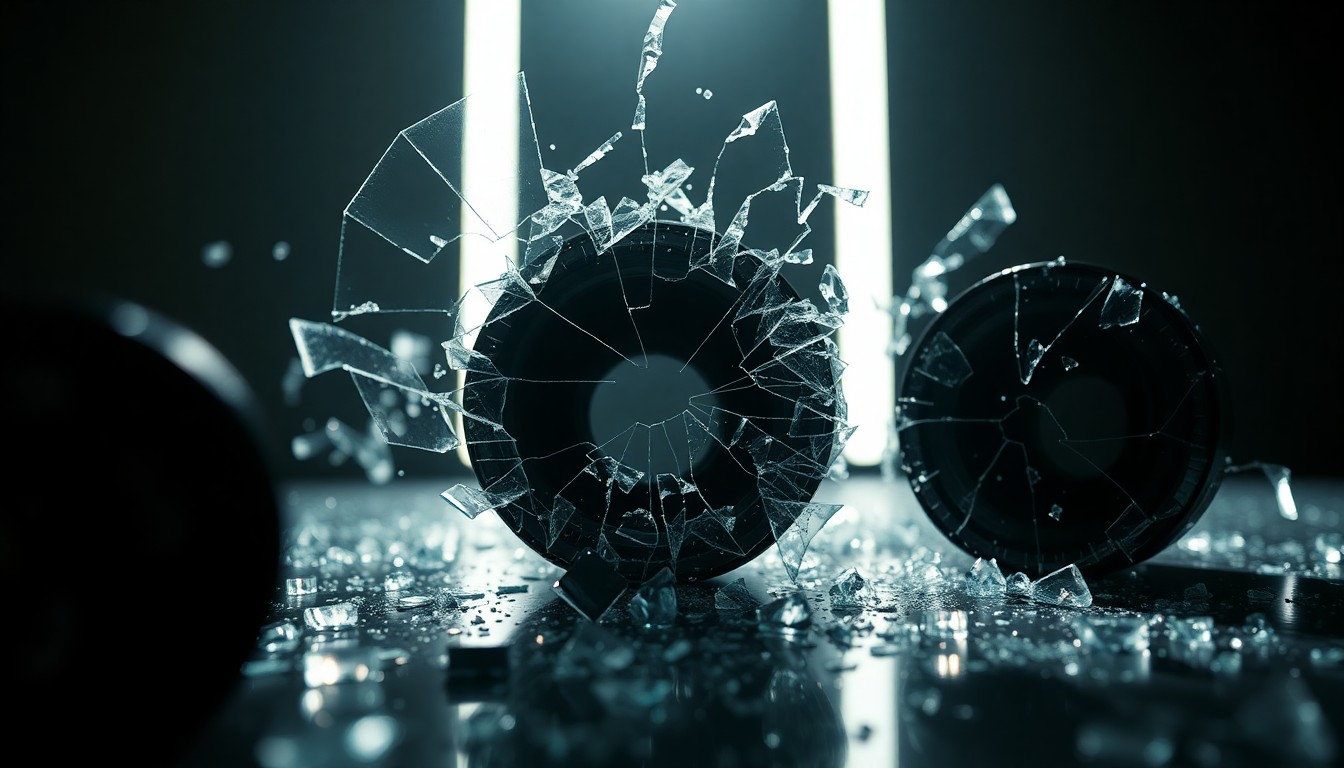 An extreme close-up of shattered glass and cracked camera lenses reflecting a dim, dramatic light, conceptually illustrating the technical challenges and fragility of modern filmmaking.