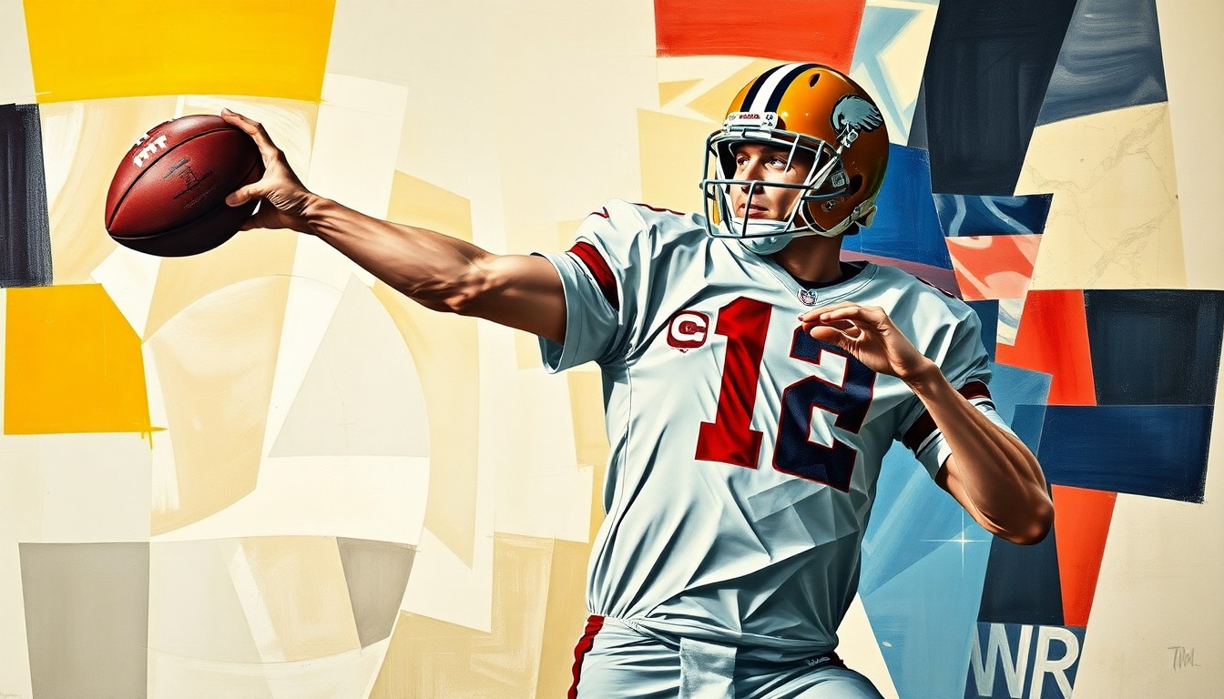 A fragmented, geometric painting depicting the dynamic motion of a football player in mid-throw, with the player's features and uniform obscured into abstract shapes and planes, reflecting the uncertainty and speculation surrounding the upcoming NFL Draft.